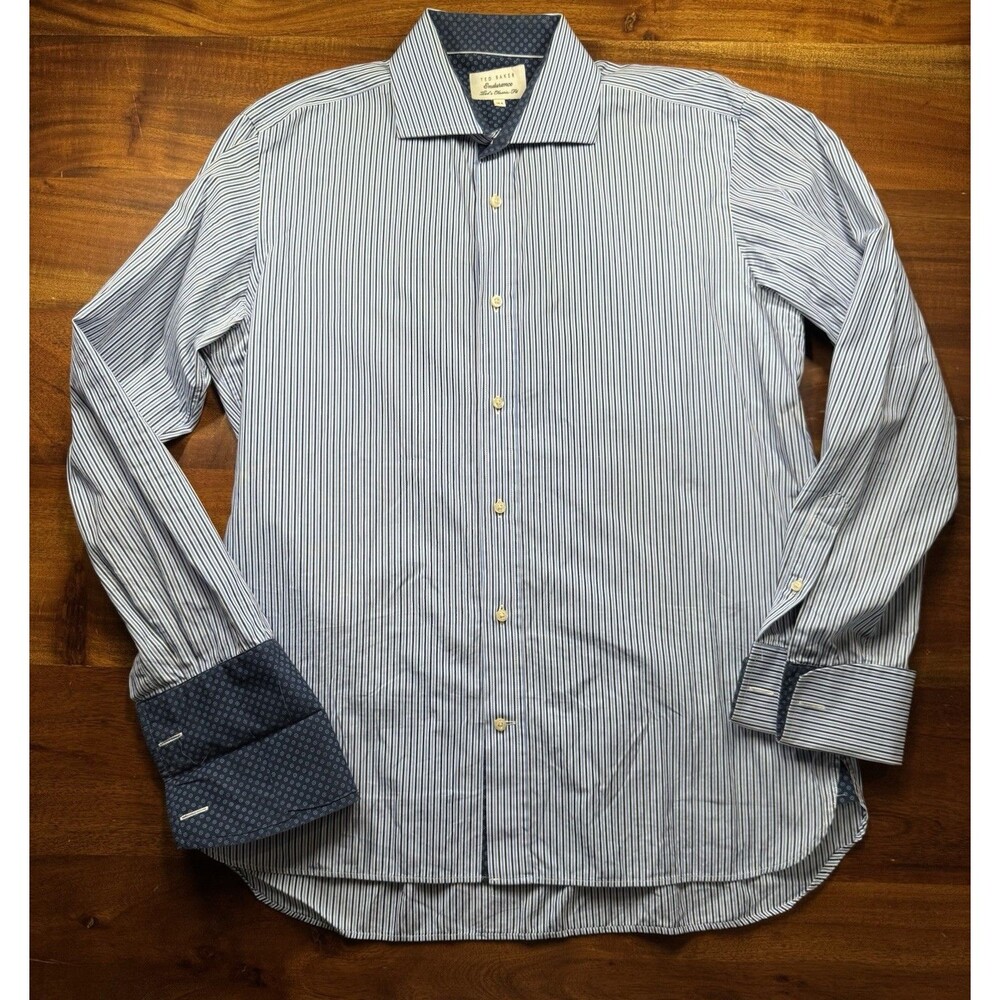 Ted Baker Endurance Dress Shirt 16.5 L Blue Navy Stripe Contrast French Cuff